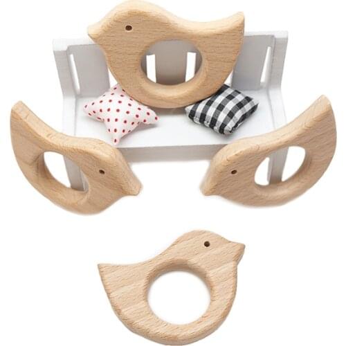 Chenkai 10pcs Bird Wooden Teether Nature Baby Rattle Teething Grasping Toy DIY Organic Eco-friendly Wood Teething Accessories