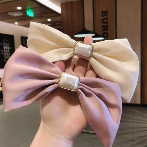 Elegant Bow Pink Hair Scrunchie Simple Silk Satin Large Bow Ponytail Holder Hair Rope Elastic Hair Ties for Women with Pearl