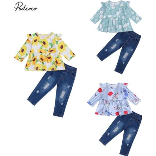 Toddler Girl Fall Clothes Long Sleeve Ruffle Floral T-Shirt + Ripped Denim Pants 2PCS Outfits Set Spring Autumn Outfits