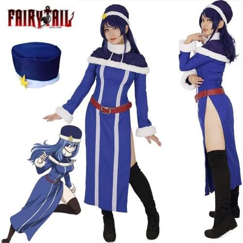 Anime Fairy Tail Cosplay Costumes Juvia Lockser Cosplay Costume Woman Girls Halloween Blue Outfit Dress Hat Full Set