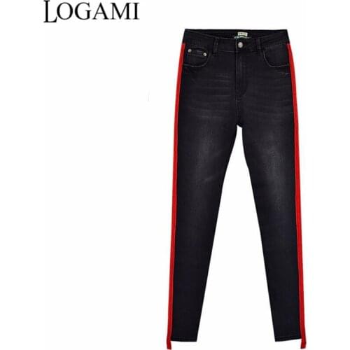 LOGAMI High Waist Skinny Jeans Woman Black Denim Jeans Ladies Side Patchwork Pencil Pants