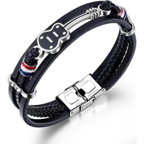 Hip Hop Fashion Stainless Steel Music Guitar Multilayer Leather Bracelet Mens Glamour Rock Party Jewelry
