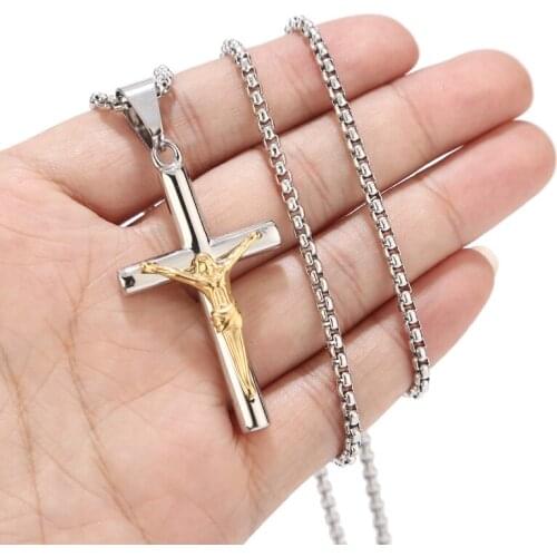 Mens stainless steel Crucifix Pendant Necklace with 3mm box Chain, 24" gifts for her him