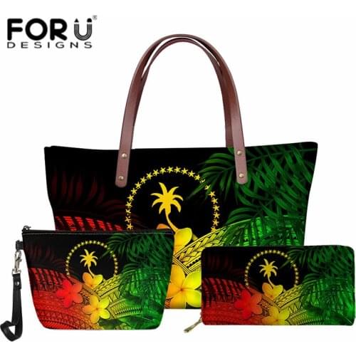 New Arrival Chuuk Handbag Set Gradient Hawaiian Plumeria Flower With Polynesian Pattern Women Shoulder Bag and PU Purse Clutch
