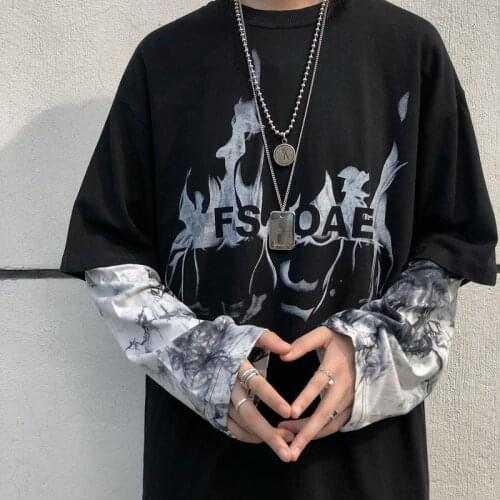 Autumn dark tie dye fake two long sleeve t-shirt mens Korean version loose and versatile