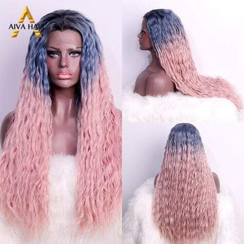 Aiva Hair Heat Resistant Synthetic Lace Front Wig Glueless Ombre Pink Wig Deep Wave Blue Cosplay Wigs For Black Women