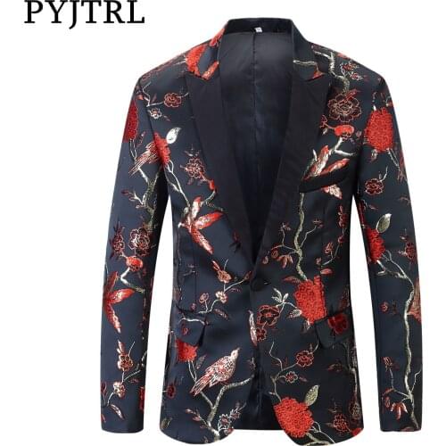 PYJTRL New Red Gold Blue Green Brocade Embroidery Floral Birds Pattern Slim Fit Blazer Designs Men Suit Jacket Stage Singer Wear