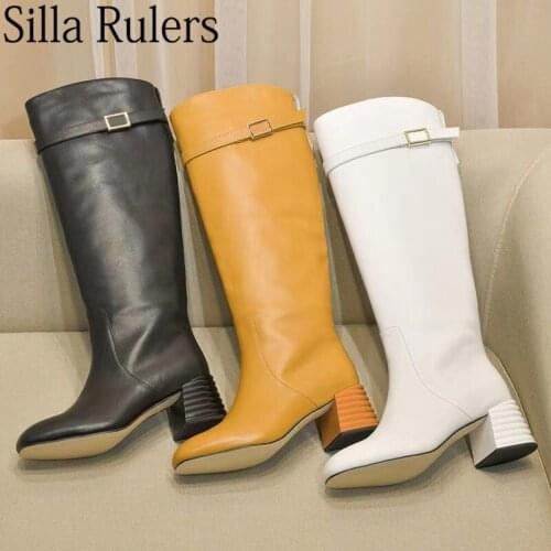 Runway Round Toe Crocodile Pattern Knee High Boots Woman Chuky High Heels Slip On Long Boots Belt Buckle Autumn Boots Woman