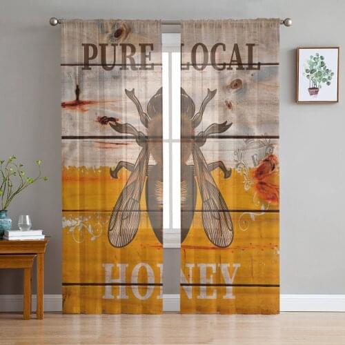 Bee Retro Wood Grain Sheer Curtains for Living Room Bedroom Kitchen Tulle for Windows Voile Drapes Home Decoration