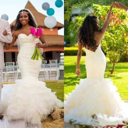 Plus Size Stunning Sweetheart Mermaid Wedding Dresses Backless Tiered Tulle Beach Robe De Cheap Summer Bridal Gowns