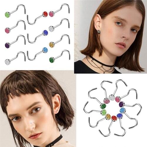 60pcs/set 1.8mm Steel Nose Ring Earrings Piercings Square Crystal Nose Screw Curved Prong Nose Stud Ring Piercing Body Jewelry