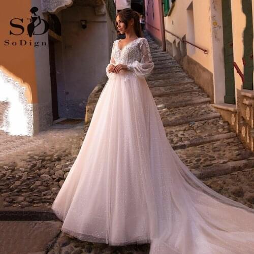SoDigne Wedding Dress 2021 New Puff Long Sleeves Lace Appliques A Line Bridal Dress Princess Dotted Tulle Wedding Gown