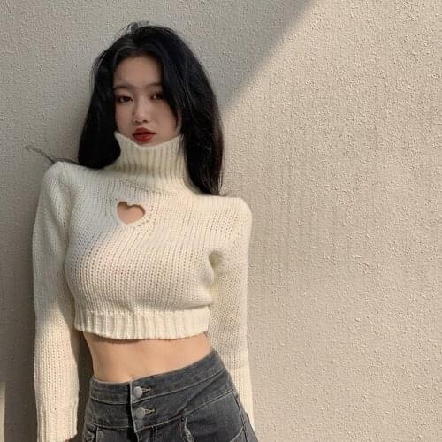 Solid Hollow Out Crop Tops Casual Sweaters For Women 2021 Summer Long Sleeve Turtleneck Knitted Pullover Slim Jumper Soft Femme