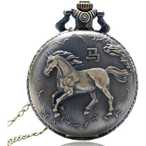 Vintage Bronze Running Horse Quartz Pocket Watch Clock Women Men Necklace Pendant with Chain Gift Reloj De Bolsillo P407
