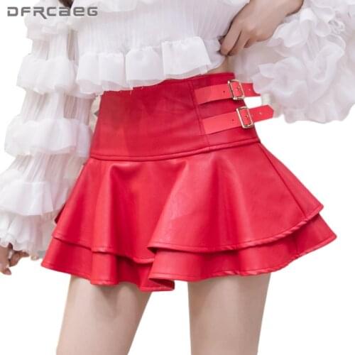 Sexy High Waist Ball Gown Mini Women Pu Skirt With Buckle 2020 Winter Short Leather Cake Skirts Ruffles Woman Red Black Saias