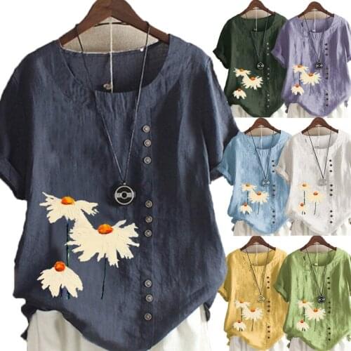 Womens New Fashion Linen Shirt Round Neck Short Sleeve Flowers Printed T-shirt Summer Ladies Casual Plus Size Blouse Tops