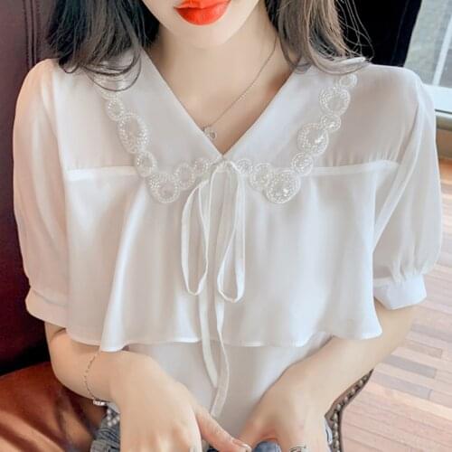 Summer Blouse Women Short Sleeve Ruffles Sequins Chiffon White Blouse Shirt Tops Women Blusas Mujer De Moda 2021 Blouses F100