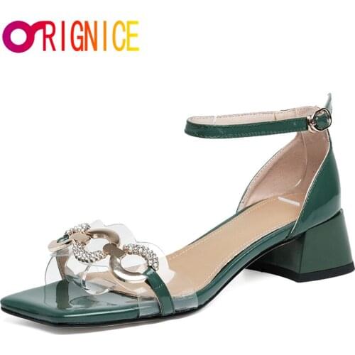 Orignice New Arrival Metal Chains Crystal Embellished Summer High Heeled Sandals Peep Toe Buckle Ankle Strap Party Shoes Women