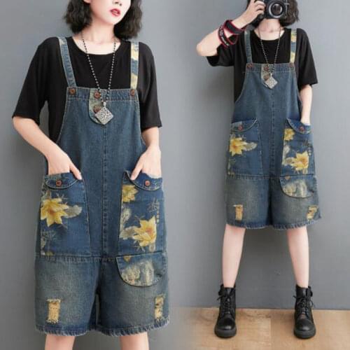#2374 Summer Vintage Denim Overalls For Women With Big Pockets Loose Casual Rompers Womens Floral Printed Jeans Short Jumpsuit