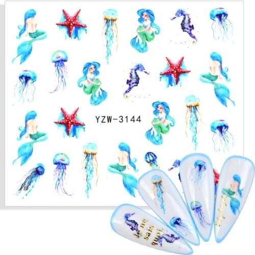 1pc Summer Water Transfer Nail Art Stickers Ocean Animal Cartoon Mermaid Sliders Blue Starfish Hippocampus Jellyfish Decor Decal