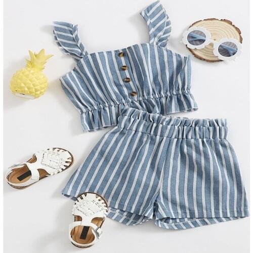 2021 Summer Casual 2 Pieces Kids Suit Set Baby Girls Striped Square Collar Sleeveless Pullover+ Short Pants Children Clothes