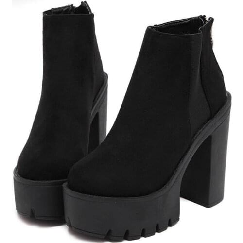 Fashion Black Ankle Boots For Women Thick Heels Spring Autumn Flock Platform Shoes High Heels Black Zipper Ladies Boots