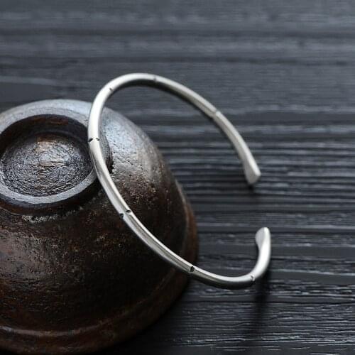 925 Sterling Silver Handmade Simple Ring Bracelet Made Of Old Solid Opening Hand-carved Plum Blossom Bamboo Branch Lady Style