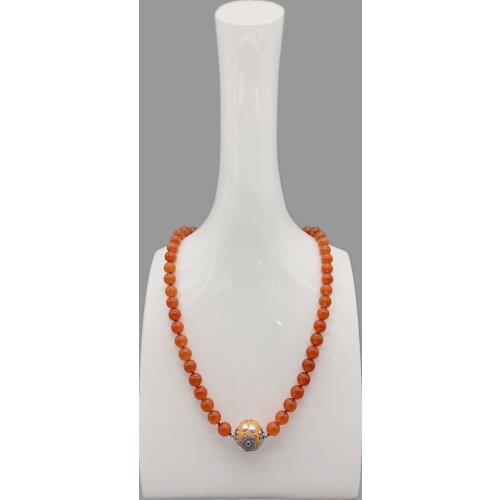 FoLisaUnique 8mm Carnelian Necklace For Women Earthy Casual Choker Healing Stone 18mm Antique Silver Orange Enamel Bead Ball