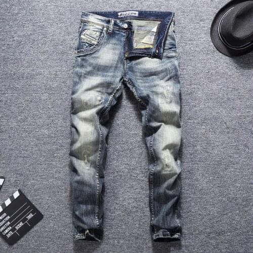 European Vintage Fashion Men Jeans High Quality Slim Fit Retro Ripped Jeans Men Distressed Scratch Designer Casual Denim Pants