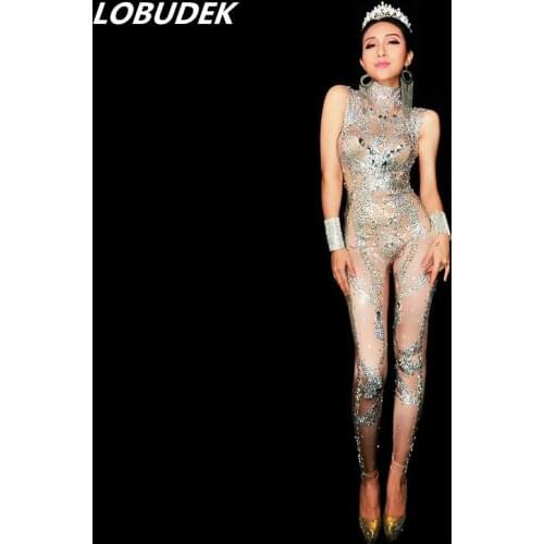Nightclub Sparkling Crystals Jumpsuit Leotard Rompers Nightclub Bar Party performance female costume Singer dancer stage star