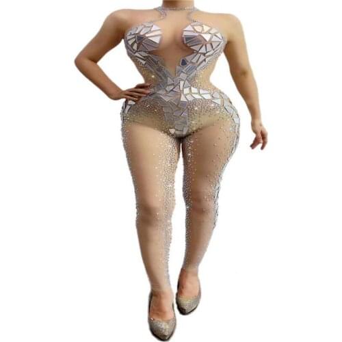 H23 Singer stage dance costume mesh rhinestones bodysuit mirror glass jumpsuit elastic tights diamonds outfit party wear clothes