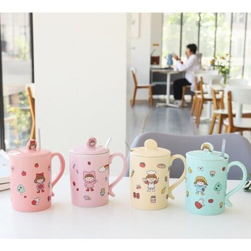 Creative Ceramic Mugs Cute Girls With Lid Fresh Korean Fresh Style Mug For Coffee Water Bottle Tea Milk Breakfast Cup
