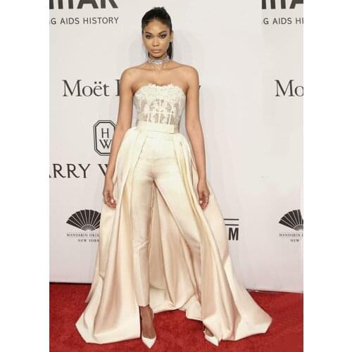 Lace Applique Evening Dresses Jumpsuit with Detachable Train 2021 Strapless Prom Red Carpet Dress Sweep Train with pant suit