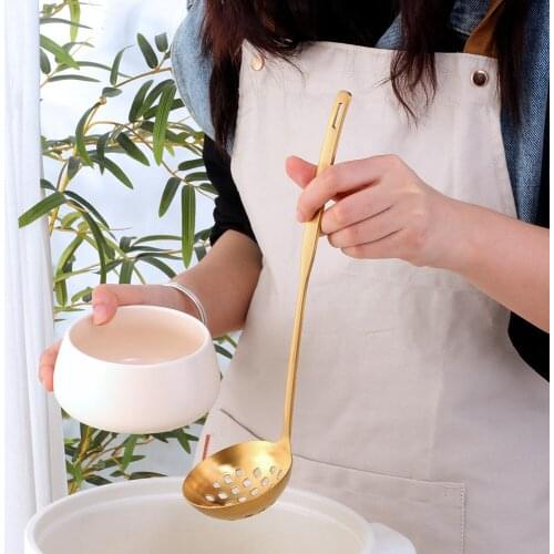 New Stainless Steel scoop spoon for hot pot Colander Gold Soup Ladle Long Handle Kitchen Gadgets Wall Hanging Kitchen Tool