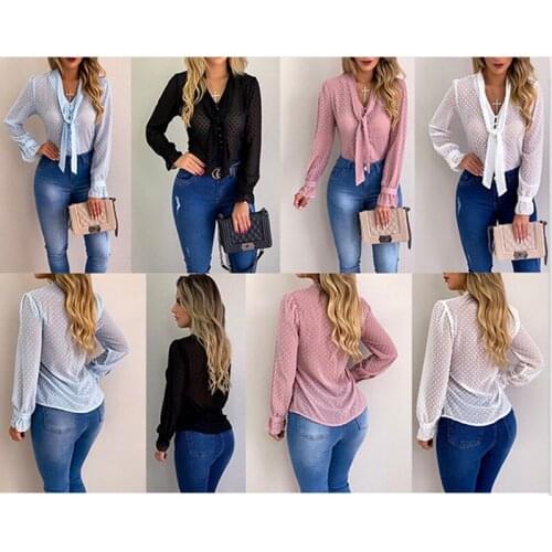Spring And Autumn Fashion Chiffon Buttons V Neck Bow Long Sleeve Woemns T Shirt 2021 Casual Solid Loose Lady T Shirt Plus Size