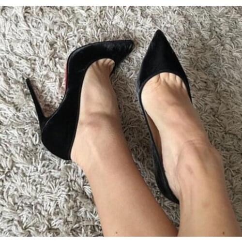 Moraima Snc Sexy Pointed Toe Black Velvet High Heel Shoes 12cm Thin Heels Woman Pumps Shallow Stiletto Heels Dress Shoe