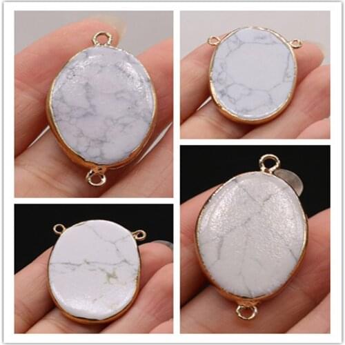 Natural Semi-precious Stone Egg Shaped Gold-plated Edge White Turquoise Double Ring Connector Pendant forJewelry Making Necklace