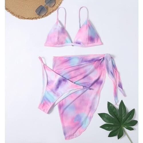 Sexy 3 Piece Swimsuit Women Tie Dye Gradient Print Push Up Skirt Swimsuit Brazilian Bathing Suit Thong Swimwear Traje De Bano