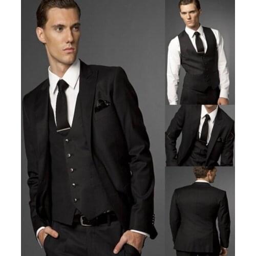 Custom Made Groom Tuxedo Black Groomsmen Peak Lapel Wedding/Dinner Suits Best Man Bridegroom (Jacket+Pants+Tie+Vest) B266