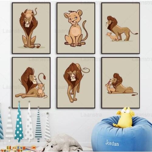 Modern Canvas Painting Cartoon Animal Lion and Little Lion Prints Nordic Poster Picture Home Decor Kids Room Nursery Wall Art