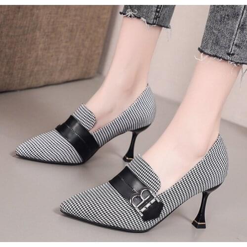 Springand Autumn LadiesDress Shoes Plaid High HeelsPatchwork Stiletto Heels PointedToe Office Ladies Shoes Belt BuckleDecoration