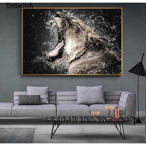Embelish 1 Pieces Wild Animals Lion Shouting With Water Cool Wall Pictures For Living Room Home Decor Posters HD Canvas Painting