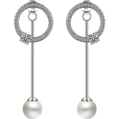 925 Sterling Silver Fashion pearl Shiny Round Crystal Ladies`long Stud Earrings Women Female Birthday Gift Oorbellen