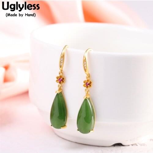 Uglyless Elegant Water Drop Jasper Earrings for Women Natural Gemstones Dress Jewelry Gold 925 Silver Floral Brincos Green Jade