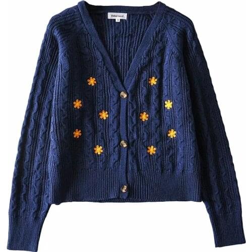 Loose 2021 Streetwear Orange Daisy embroidery Knitted Cardigan Vintage Navy womens sweater Pink pull femme clothes kardigan