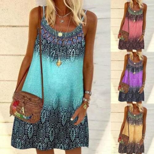 Summer Bohemian Women Sling Dress O Neck Spaghetti Straps Printed Above Knee Loose A-line Party Dress платье летнее женское2021