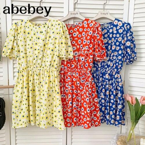 Temperament O-neck puff sleeve Dress high waist Pleated waist floral print short A-line Dress 2021 New Summer
