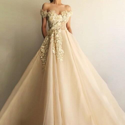 Off the Shoulder Champagne Tulle 3D Flowers Applique Elegant Prom Dress with Crystals A-line Evening Dress vestidos de gala