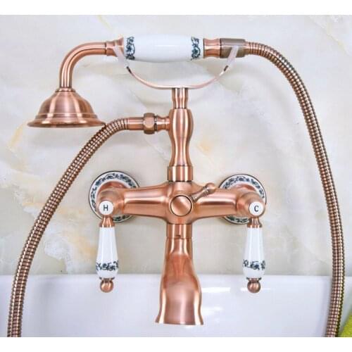 Antique Red Copper Brass Dual Ceramic Handles Wall Mounted ClawFoot Bath Tub Faucet Mixer Tap With Hand Shower Spray mna330