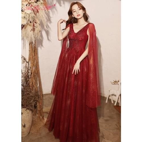 AnXin SH Princess wine red v neck sparkly lace long sleeveless evening dress party vintage dubai host bride spring evening dress